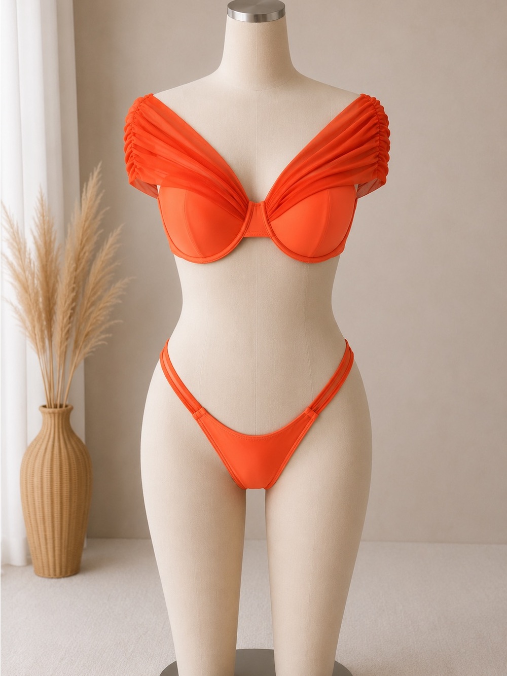 Orange Off-Shoulder Push-Up Bikini Set